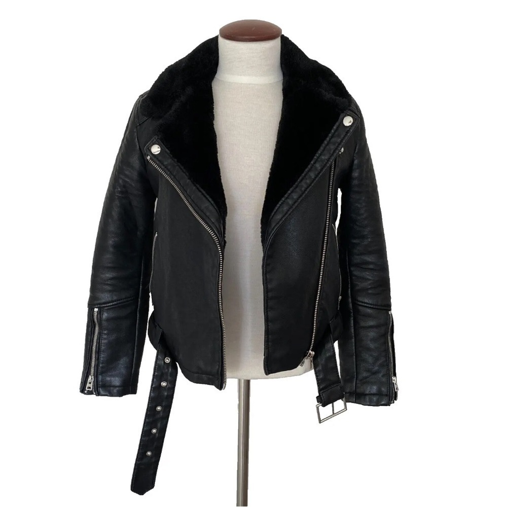 Topshop Vegan Leather Faux Fur Trim Moto Jacket Black Womens US 4 Petite